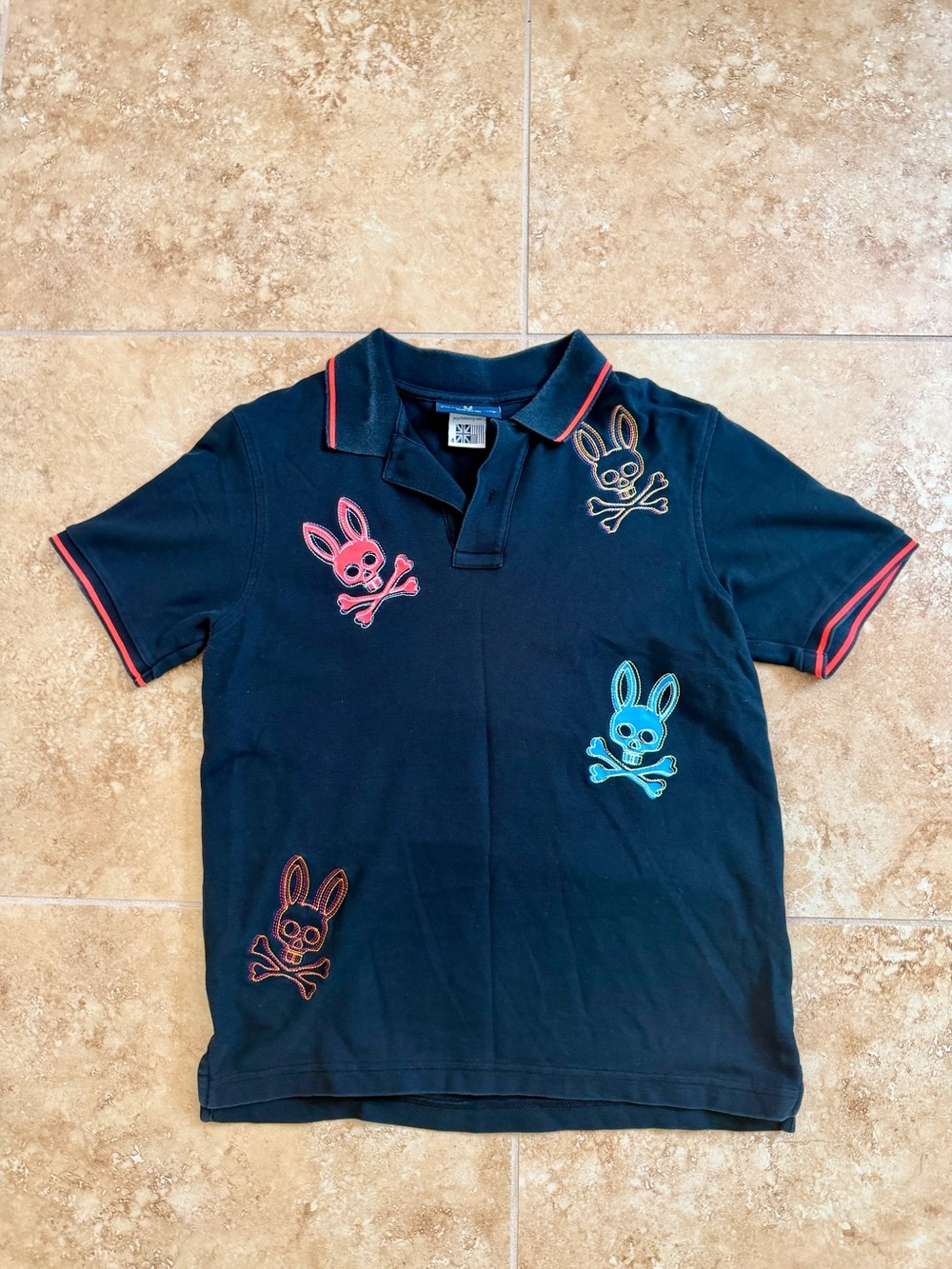 Psycho Bunny Men’s size 4 Black (small) Polo Short Sleeve Embroidered Skull